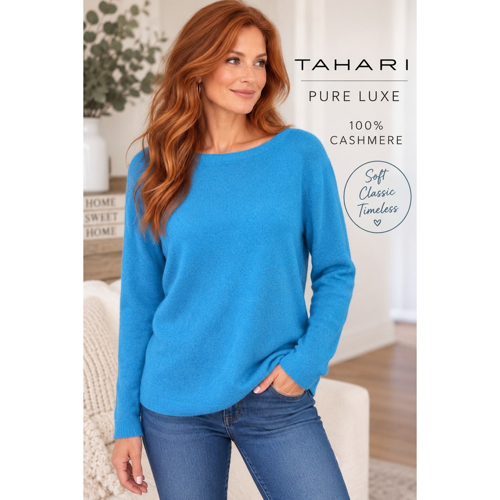 Tahari Pure Luxe 100% Cashmere Boat Neck Sweater Turquoise Blue XL